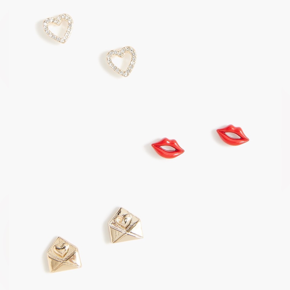 J Crew Valentine's Day stud earrings set-of-three